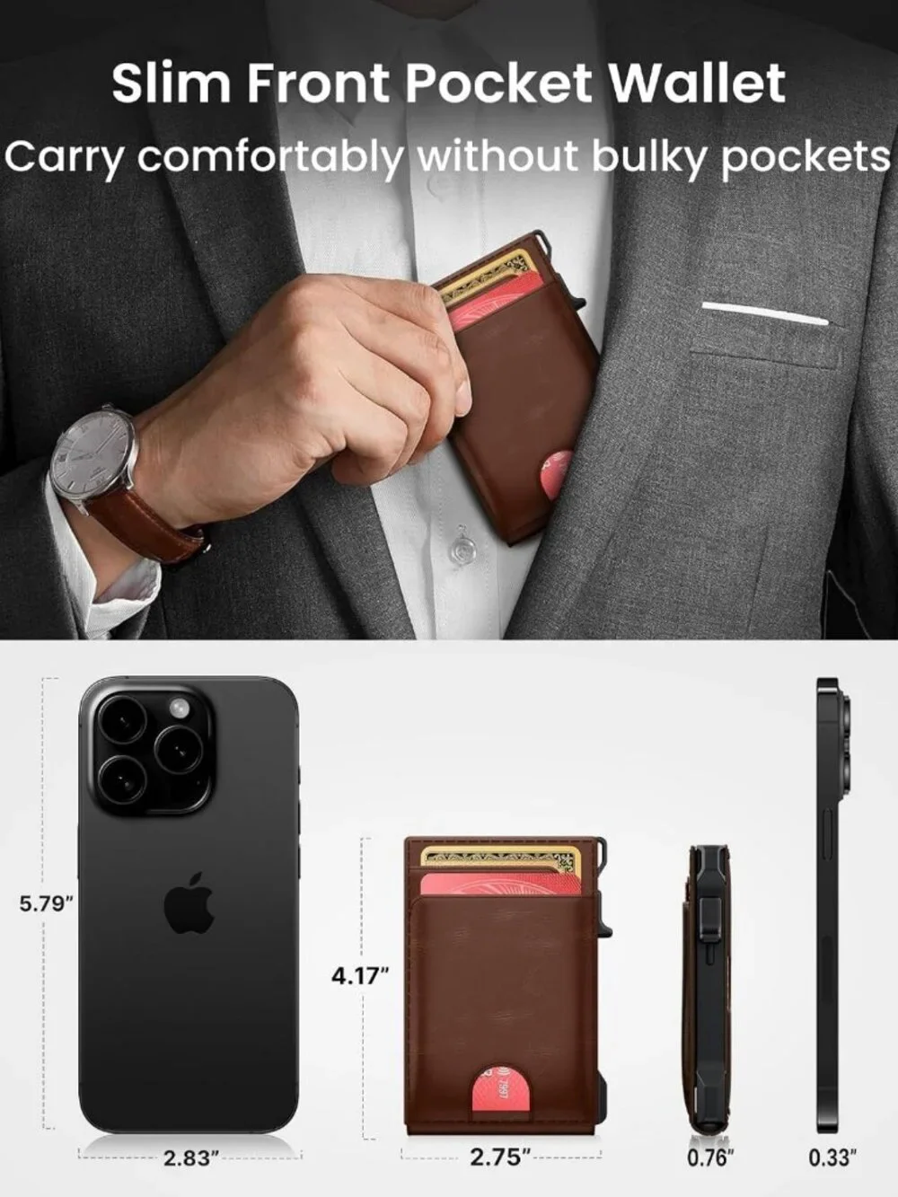 Slim RFID Blocking Leather Wallet for Men, Minimalist Card Holder, 12 Cards, ID
